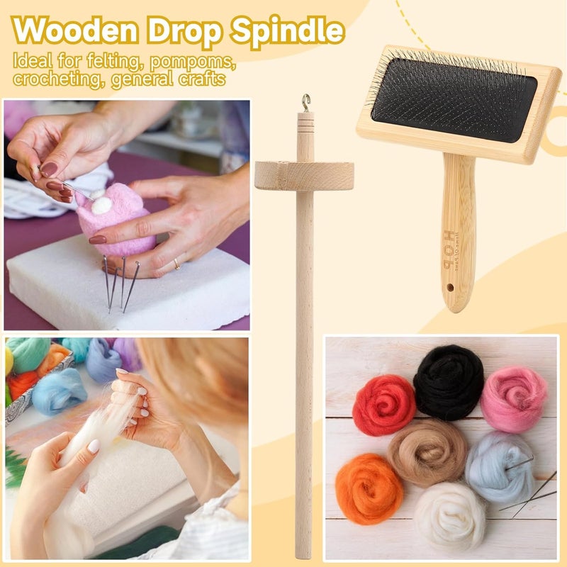 Varku 2PCS Wool Carders with Drop Spindle Set, Hand Carders Wool Needle Felting Brush, Drop Spindle Maple Top Whorl Spinning Smooth Finish, for Craft Felt Project - Image 3